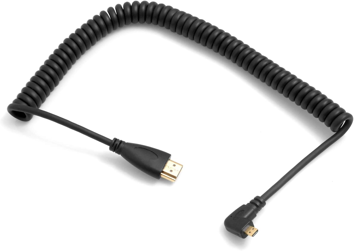 System-S Micro HDMI Male Right Angled to HDMI Standard Plug Cable Spiral Cable 50-80 cm, Black, 0.5 Meters