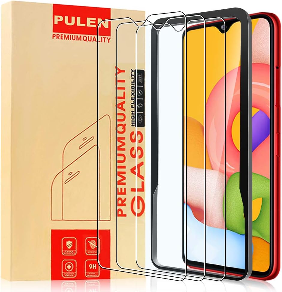 [3-Pack] PULEN Tempered Glass for Samsung Galaxy A01 Screen Protector,HD Clear Scratch Resistant Bubble Free Anti-Fingerprints Easy Installation 9H Hardness with Easy Installation Tray