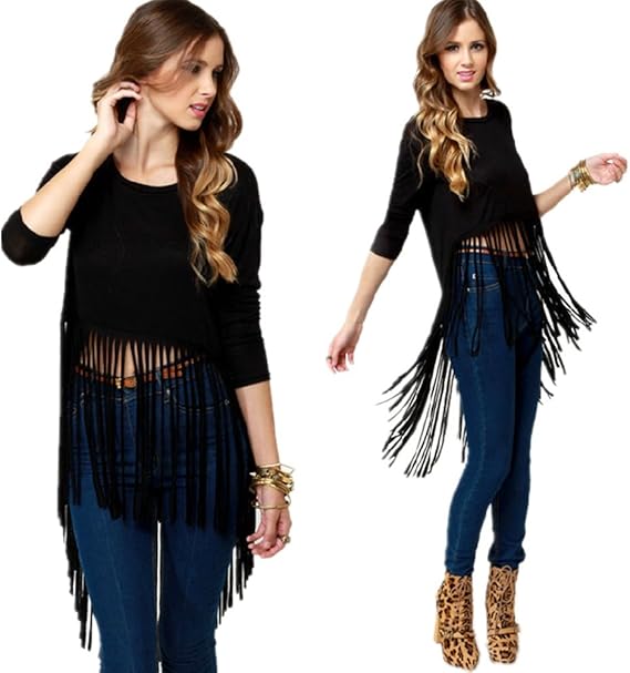 Women Ladies 3/4 Sleeve Tassel Fringe Hem Cropped Sexy Top