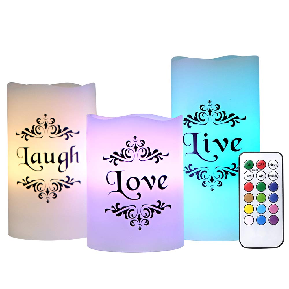 Eldnacele Multicolor Flameless Live Love Laugh Candles Real Wax Battery Operated Electric LED Color Changing Candle Lights with Remote Control for Home Easter Christmas Decoration, Set of 3