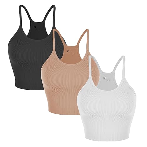 Nicytore 3-Pack Women's Seamless Crop Top Ribbed Camisole No Padding Racerback Tank Tops (Black/White/Brown, L)