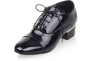 SHEMEE Women's Patent Leather Pointed Toe Flat Oxfords Pumps Vintage Wingtip Low Heels Lace Up Retro Brogues Dress Shoes