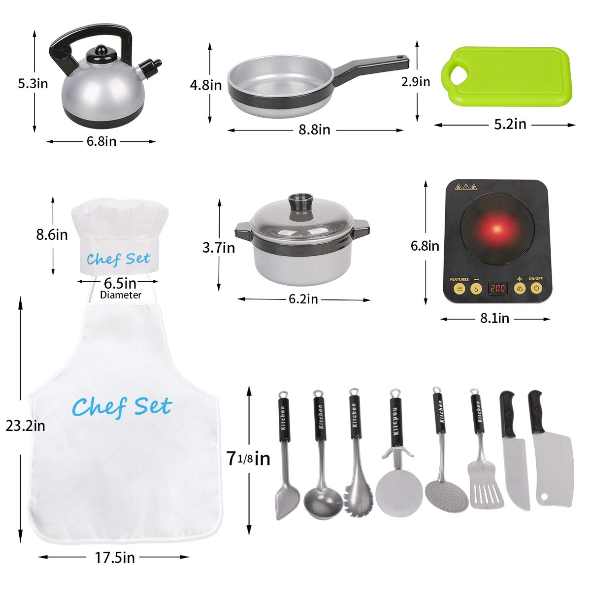 Kids Kitchen Pretend Play Set - 29Pcs Kitchen Toys Including Induction Cooker with Light Sound, Apron&Chef Hat, Cookware Utensils, Cutting Food Playset Accessories for Toddlers Girls Boy Birthday Gift
