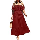 Plus Size Off The Shoulder Maxi Long Casual Layered Ruffle Beach Sundress Women Pocket 2024