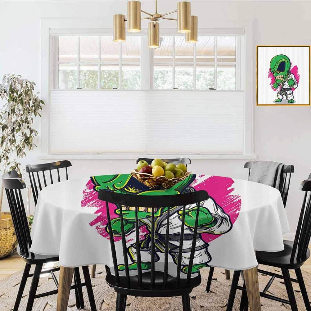 shirlyhome Outer Space Decor Covers for The Home Table Cover Alien Warrior Practicing Chinese Martial Art Karate Sports Children Decor Waterproof Fabric Table Cloth Green Pink (Diameter 60")