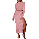 Pink Queen Women's 2 Piece Sweater Outfits Set Long Sleeve Crop Top Ribbed Split Bodycon Midi Long Skirt Knit Dresses