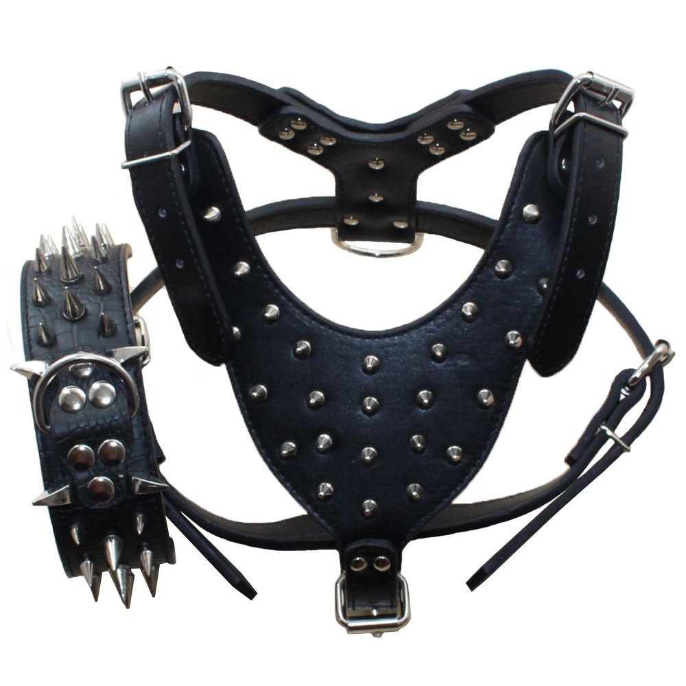 haoyueer Leather Sharp Spiked Studded Medium & Large Dog Collars, Harnesses 2Pcs Matching Set for Pit Bull,Mastiff, Boxer, Bull Terrier (L, Black)