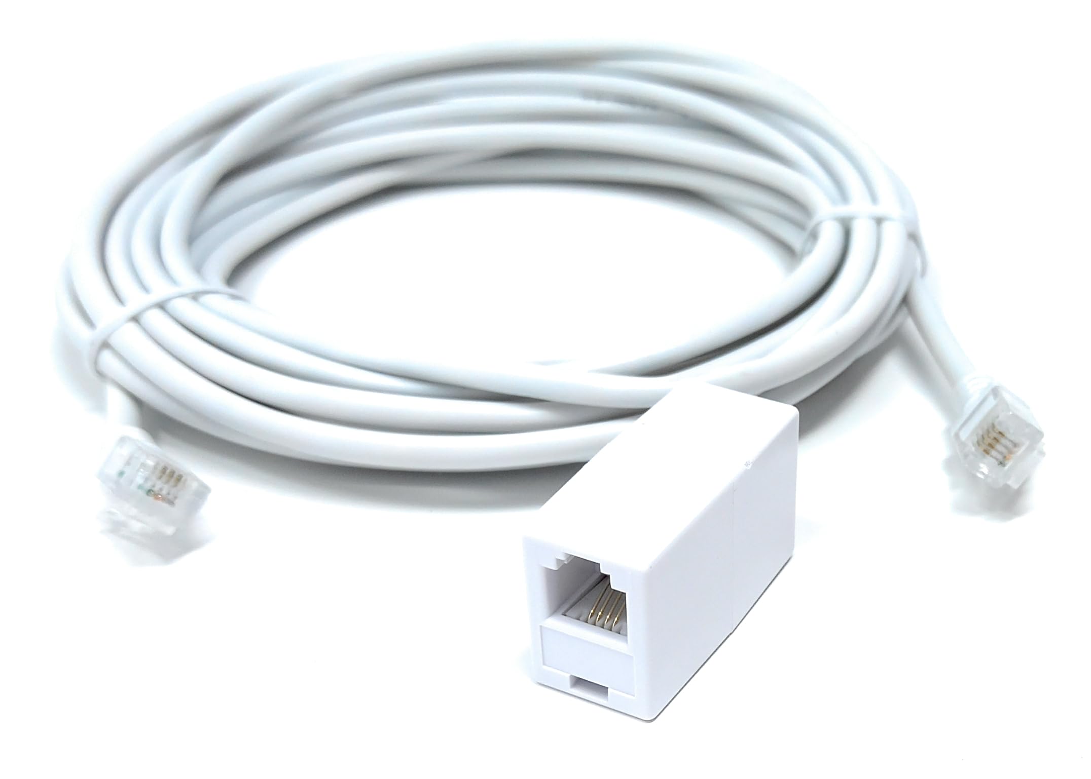 DRUT 5m RJ11 to RJ11 ADSL 2+ Male to Male Cable with Female Coupler, BT Telephone, Broadband, Modem Extension Lead, Gold Plated Connectors White 16.5ft