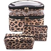 FITINI 3 Pieces Makeup Bags Double Layer Travel Large Leopard Cosmetic Cases Organizer Toiletry Bags Waterproof Small Zipper Pouch for Women Makeup Brush Storage Bag