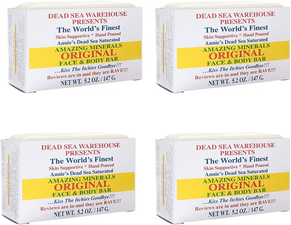 Dead Sea Warehouse - Amazing Minerals Original Face & Body Bar, Dead Sea Salt Cleansing Bar, Handmade in the USA, Mineral Cleanser, Skincare for Clearer Skin, Vegan, Unscented (5.2 oz, 4-Pack)