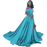 Off Shoulder Satin Prom Dresses Ball Gown Plus Size Formal Dresses for Women Wedding Dress with Slit