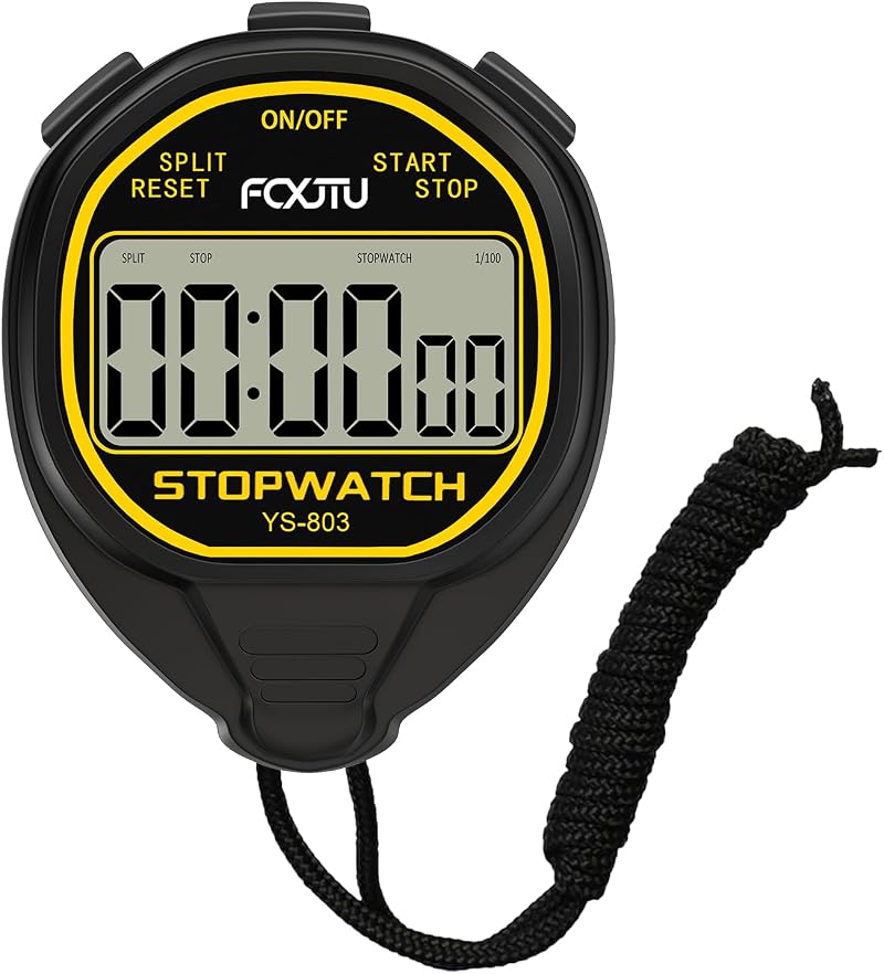 FCXJTU Digital Waterproof Stopwatch 1/100 Sec Silent Large Display Black