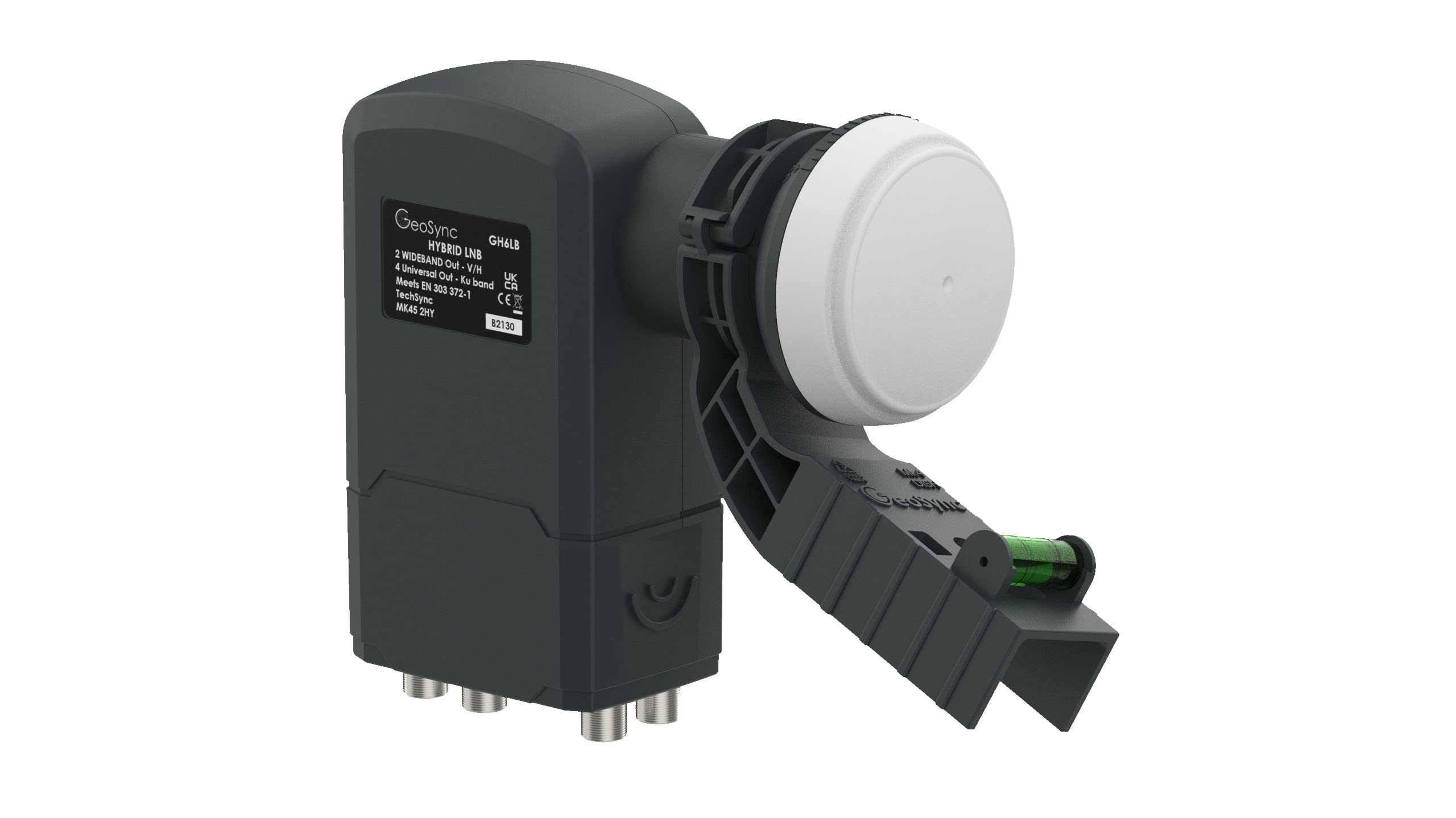 GeoSync Hybrid LNB 6 Output - 2 x Wideband and 4 x Quad - with Sky Compatible Bracket & Level for Use with Sky Q, Sky+, SkyHD or Freesat
