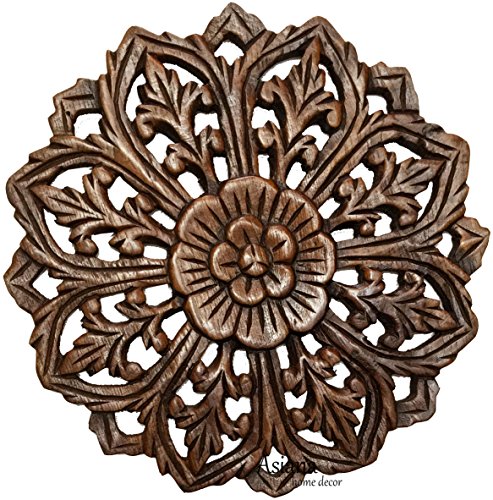 Asiana Home Decor Wall Art- Oriental Carved Lotus Round Wood Plaque in Brown Finish Size 12"x12"x0.5"