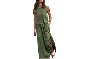 MAMIDAY Maxi Dress for Women One Piece Crewneck Waisted Dress Tank Top Thigh Slit Casual Trendy Summer Dresses with Pockets