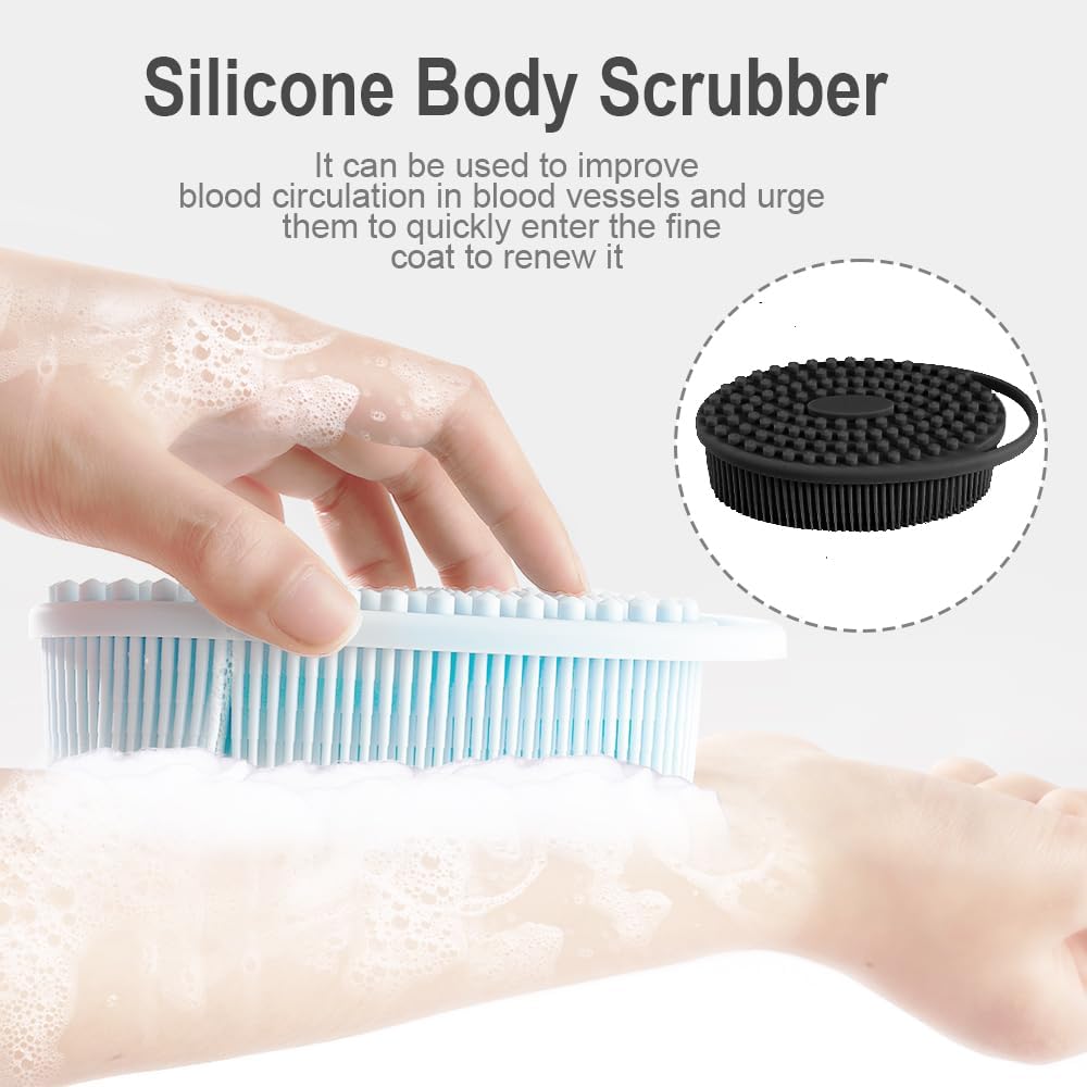 Silicone Body Scrubber, Exfoliating Silicone Body Shower, Silicone Loofah 2 in 1 Bath and Shampoo Brush, Body Scrubber Shower Cleaning Exfoliating for Sensitive Skin, Lather Well 2 PCS Black and Blue