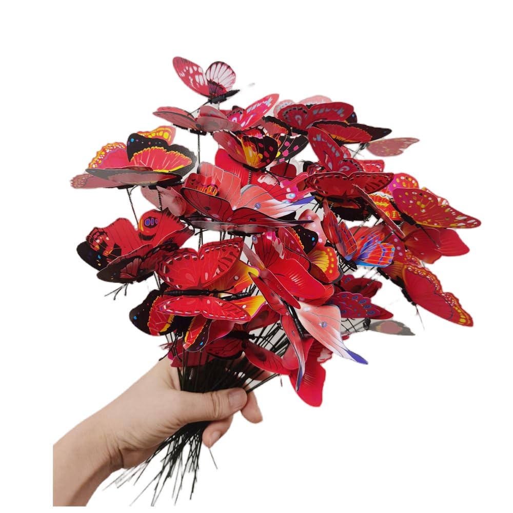 3D Butterfly Garden Stake Decor,10" PVC Butterfly Garden Decor for Outside,Shaking Head Artificial Butterflies for Bouquet Outdoor Wall Lawn Pathway Plant Pot Flower Bed Yard Decor (50, Red)