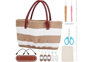 ORIGACH DIY Crochet Handbag Kit for Beginners, Khaki Striped Crochet Bag with PU Leather Band and Base, Complete Crochet Set 