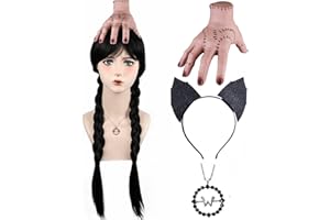 AKZKQKER Women Wednesday Addams Wigs with Thing Hand Necklace and Headband Long Black Braided Wigs with Bangs for Halloween