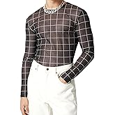 Evankin Mens Sexy Lace Shirt Top See Through Grid Print Long Sleeve T-Shirt Sheer Mesh Undershirts for Male