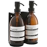 Glass No-Drill Wall Mounted Shower Soap Dispenser, Hand Soap Dispenser with Adjustable Stainless Steel Holder for Bathroom and Kitchen-(Black 1 Chamber, 18 OZ)