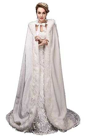 ShineGown Weiss Damen Umhang Hochzeit Mantel mit Kapuze Winter Lange Jacke Braut Wraps Warm Faux Fuer Cape