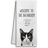 XUISWELL971 Tuxedo Cat Mom Lady Lovers Gifts for Women, Funny Welcome to The Bathroom A Tuxedo Cat Will Be with Hand Towels for Decor, 16x24 Inches