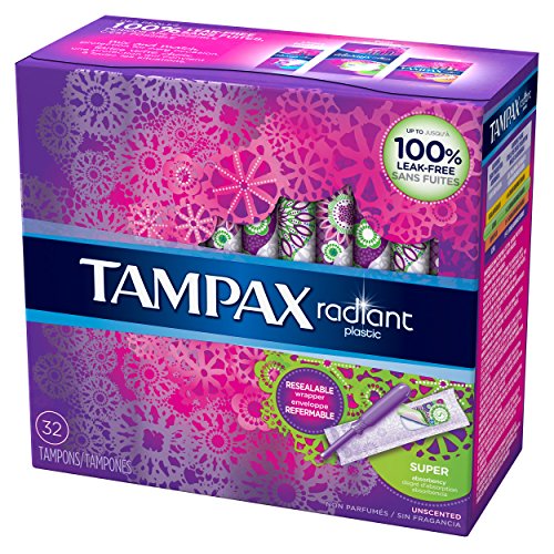 Tampax Radiant Plastic Tampons, Super Absorbency, Unscented, 32 Count - Pack of 6 (192 Total Count)