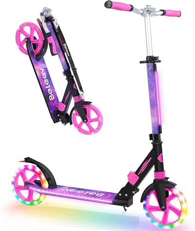 BELEEV Kids Scooter 6+ LED Light Up Stem & Deck 2 Wheel Foldable 220 lb