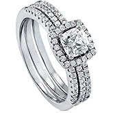 BERRICLE Sterling Silver Halo Wedding Engagement Rings Cushion Cut Cubic Zirconia CZ Ring Set for Women, Rhodium Plated