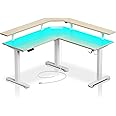 Rolanstar Standing Desk L Shaped with LED Light and Power Outlet, Electric Height Adjustable Computer Office Desk Sit Stand Up with Monitor Stand, Beige