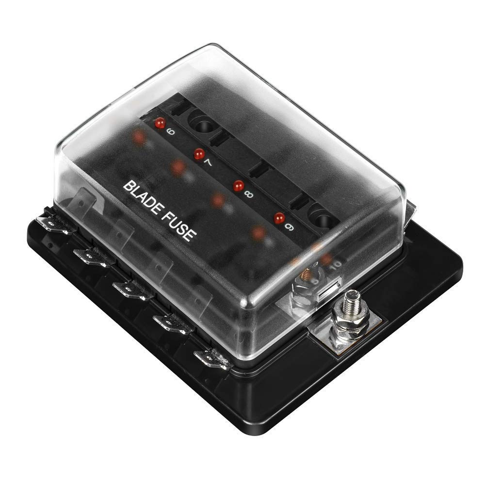Jtron 10way blade fuse box 12v fuse Holder With LED Warning Light For Automotive Car Boat Marine Trike (10way)