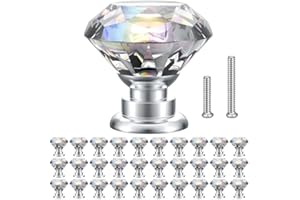 POZEAN Crystal Cabinet Knobs 30Pack, 1.18inch Dresser Knobs for Cabinet, Drawer with Two Different Sizes Screws, Diamond Glass Pulls Handles (30mm, 30Pack, Clear-Silver)