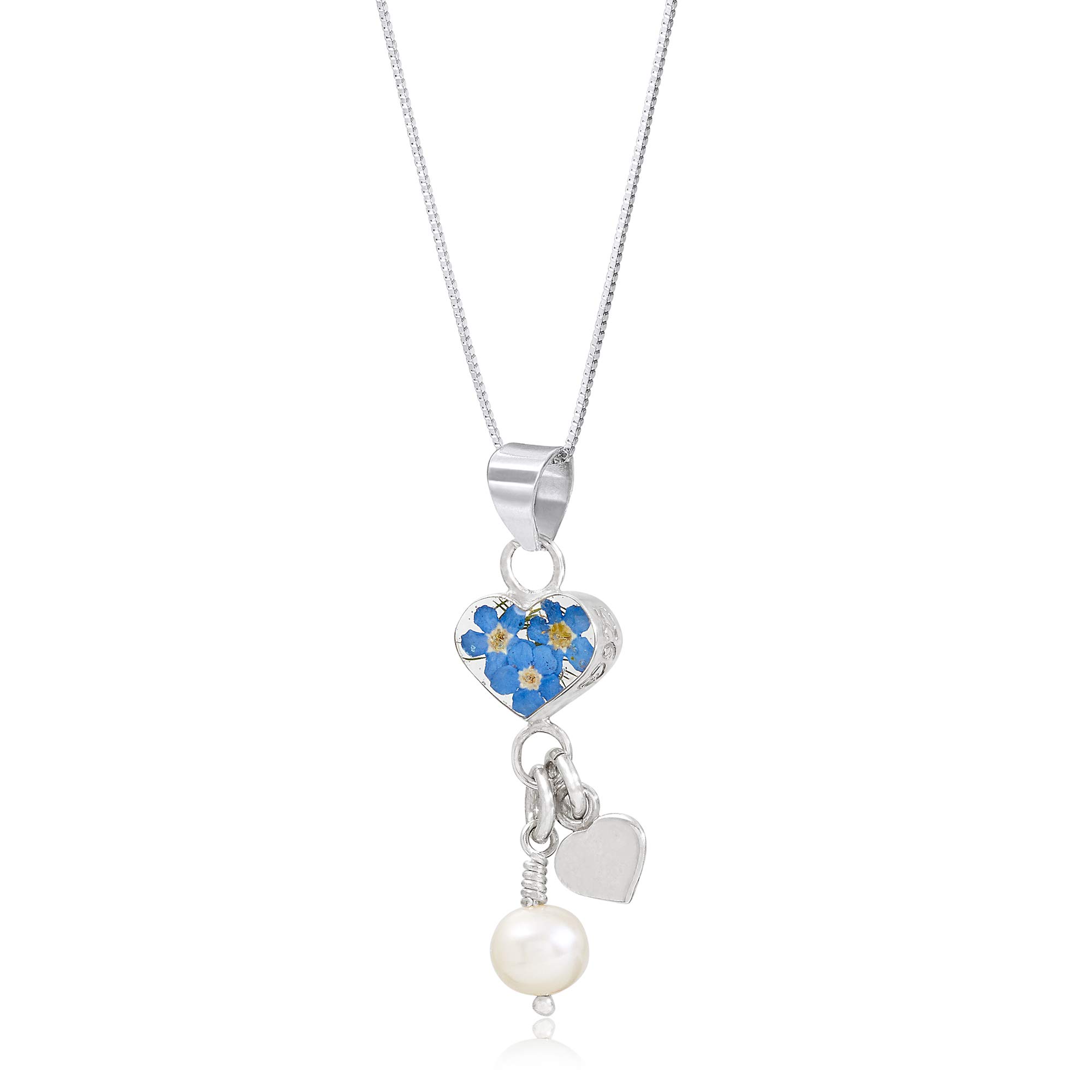 Shrieking Violet 925 Sterling Silver and Pearl Heart Real Flower Pendant Charm Necklace - Forget-Me-Not (Blue)