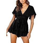 Relipop Women's Floral Rompers Jumpsuits V Neck Short Baggy Sleeve Waist Tie Double Layer Ruffle Hem Romper 2026 Trendy