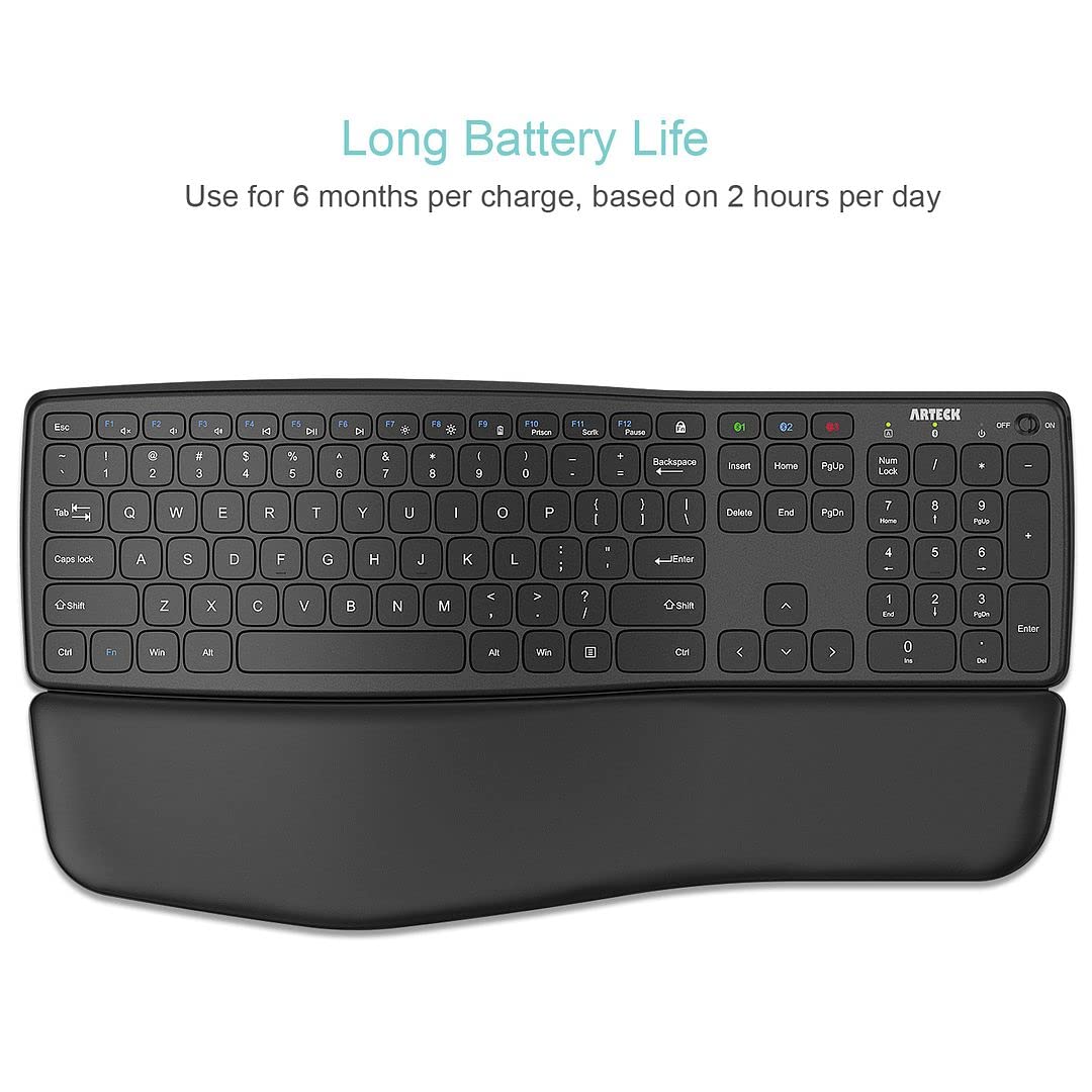 Arteck Bluetooth Universal Wave Comfortable Keyboard with Palm Rest - Multi-Device Full Size Wireless Keyboard for Windows iOS iPadOS Android, Computer Desktop Laptop Surface Tablet Smartphone