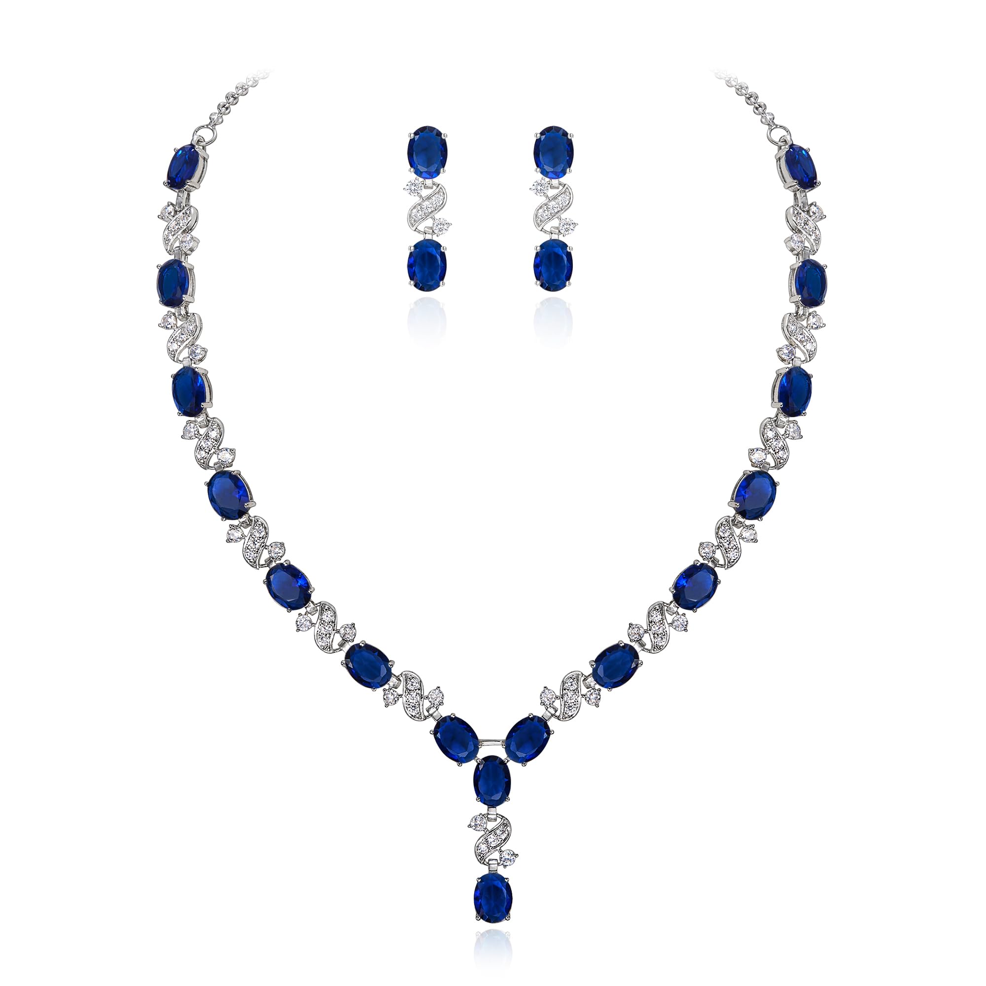 Clearine Women's Wedding Bridal Cubic Zirconia Infinity Y-Shape Tennis Necklace Dangle Earrings Set Sapphire Silver-Tone
