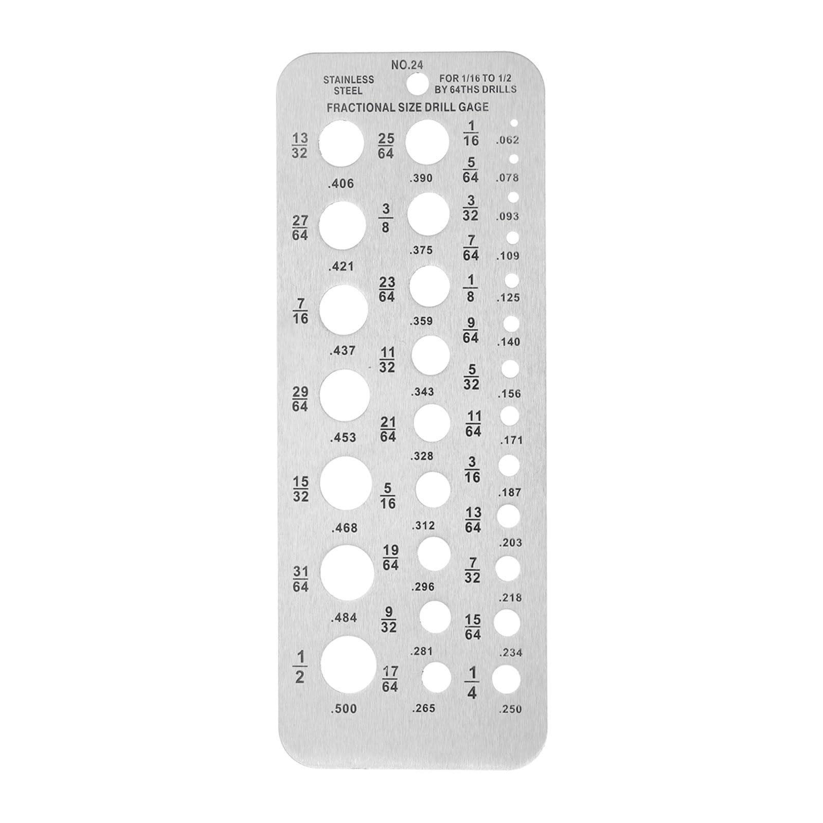 Kozelo Fractional Size Drill Gauge - [6.3x2.4x0.04 Inch] Stainless Steel Diameter Index Gauge for 1/16-1/2 Inch Size Bits Measuring Use, Silver Tone