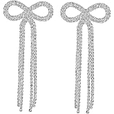 Long Chain Bow Tassel Dangle Drop Earrings for Women Rhinestone Long Tassel Earrings Ribbon Fringe Waterfall Dangling Wedding Prom Fashion Jewelry