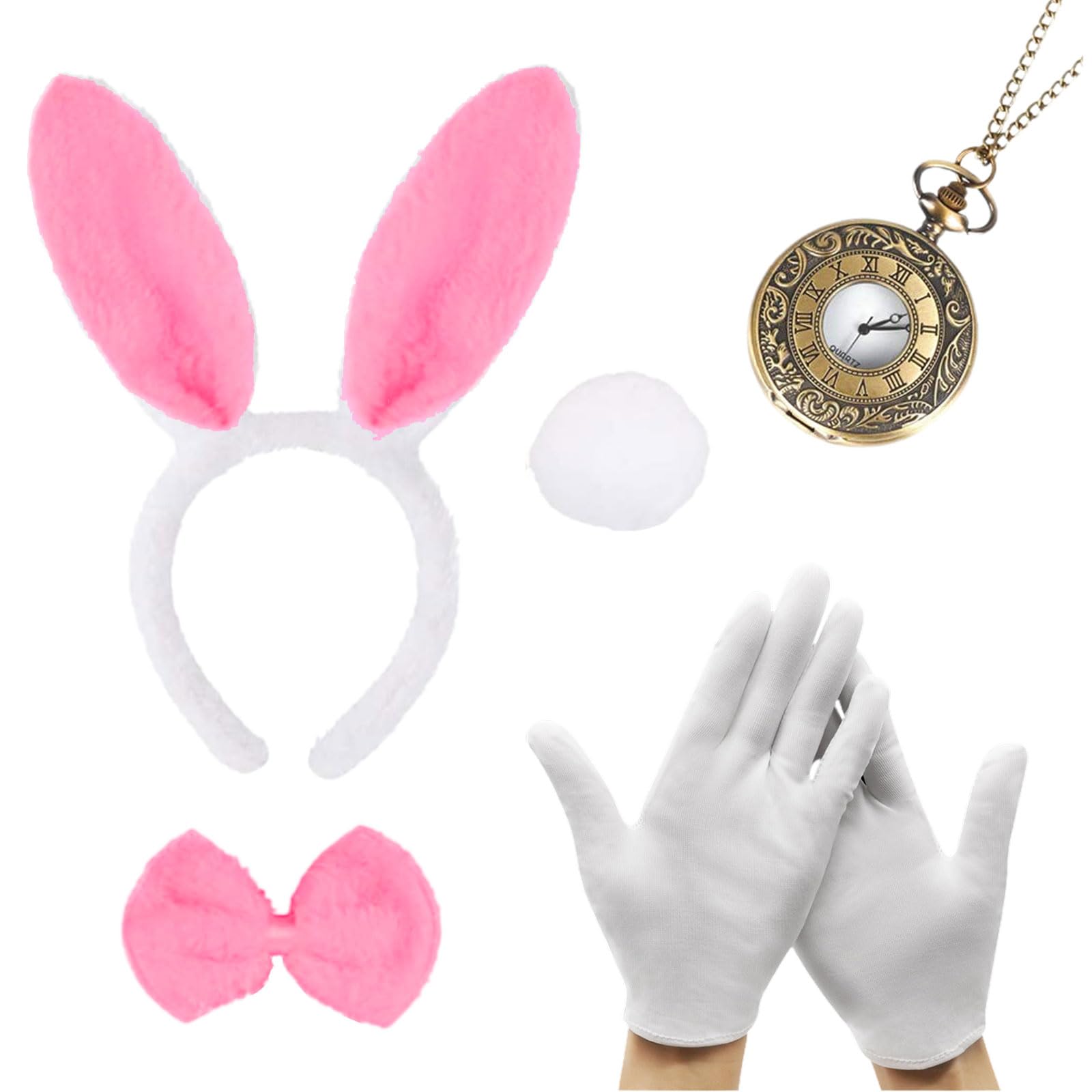 XNIVUIS 5 Piece Pink Rabbit Costume Set Adults Children Bunny Costume Accessories Bunny Ears Headband Bow Tie Gloves Rabbit Tail Clock for World Book Day Carnival Halloween Costume Party (Pink)