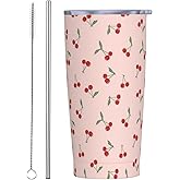 FEYAMYUN 20oz Cherry Tumbler, Pink Stainless Steel Travel Coffee Mug with Lid Straw, Cherry Lover Thermal Water Bottle Red Fruit Double Wall Vacuum Insulated Coffee Cup for Hot and Cold Drinks