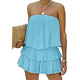 MIRACMODA Women Off The Shoulder Romper Flowy Strapless Smocked Jumpsuit Playsuits Dress