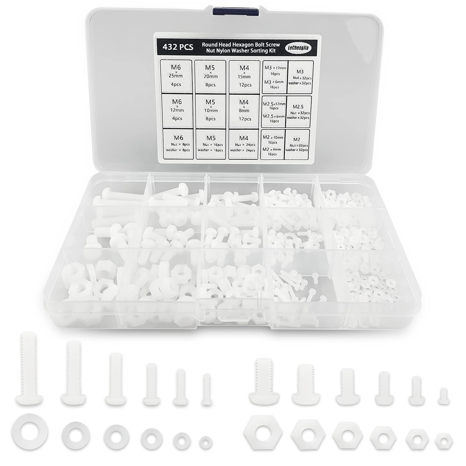 432PCS Round Head Hexagon Bolt Screw Nut Nylon Washer Sorting Kit with a Plastic Box M2 M2.5 M3 M4 M5 M6(White)