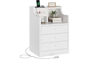 ADORNEVE Nightstand with Charging Station,White Night Stand with Hutch,Bedside Table with Drawers,Bed Side Table with Storage