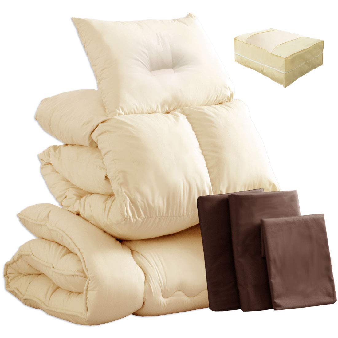 タンスのゲン 布団セット シングル 羽根布団 7点セット 【首元まで暖か襟丸＆フェザー30％増量】 増量2.0kg スモールフェザー100％ 抗菌 防臭 掛け布団 敷布団 枕 セット ブラウン 61190054 30 (76221)商品画像