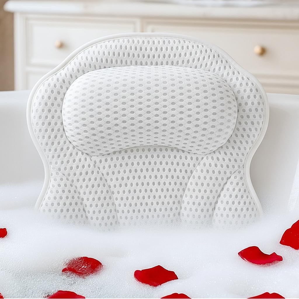 Bath Pillow LAVISMA Ergonomic Bathtub Cushion with 4D Breathable Mesh, Head, Neck, Shoulder & Back Support, 6 Strong Suction Cups, Quick Dry Spa Pillow for Bathtub Jacuzzi Hot Tub - White