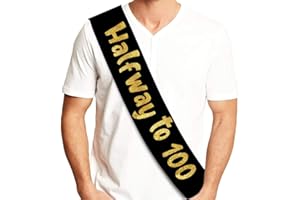 Sterling James Co. Halfway to 100 Black and Gold Glitter Satin Sash - Happy 50th Birthday Party Supplies, Ideas and Decorations