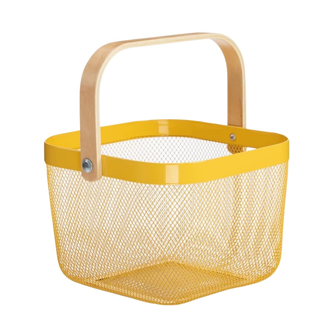 Metal Basket Storage Organizer, Multi-functional Basket with Bamboo Handle for Home Kitchen Picnic Shopping Decoration (Yellow)