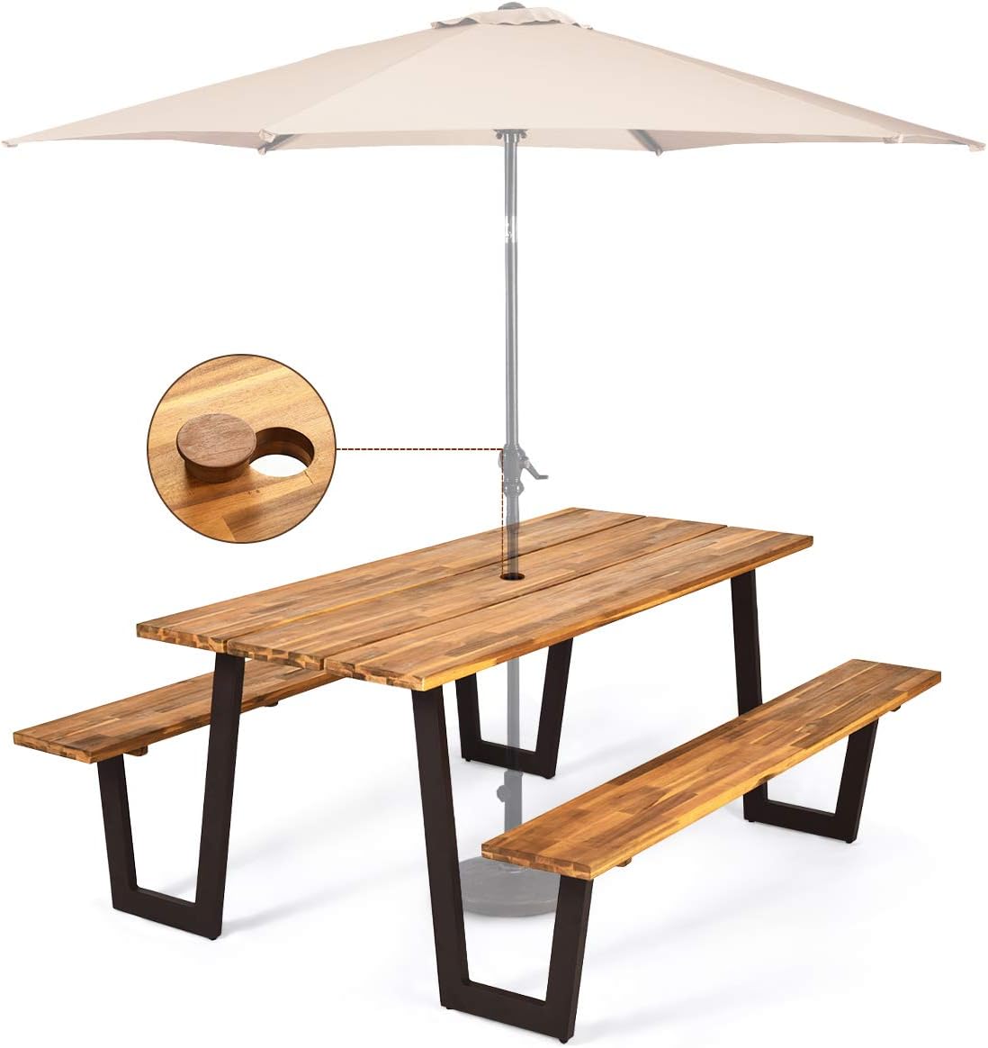 Giantex Picnic Table Bench Set with Umbrella Hole, Outdoor Dining Table Set, 70” Acacia Wood Picnic Beer Table with Metal Frame (Natural & Black): Kitchen & Dining