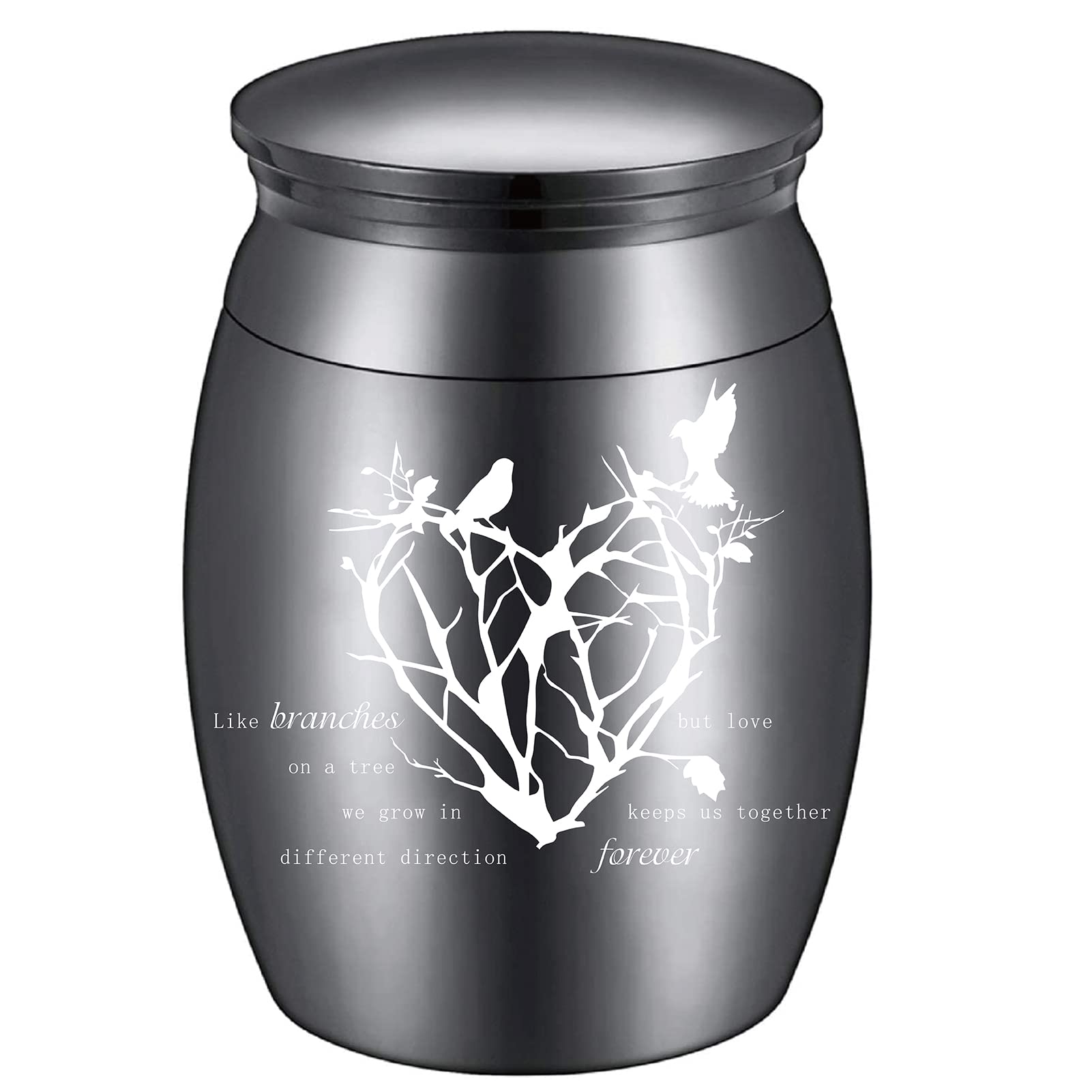 CREATCABIN Small Keepsake Urn for Human or Birds Ashes Memorial Mini Tree Urns Stainless Steel Modern Extra Small Ashes Holder Cremation Container 1.18x1.57inch Black - Love Keeps Us Together Forever